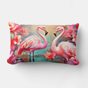 Pink Flamingos in A Lake with Flowers-20231 Lumbar Pillow