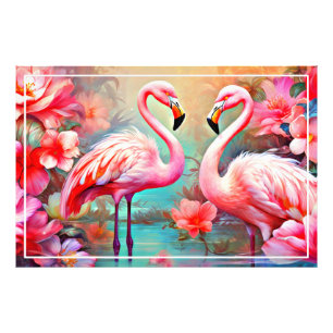 Pink Flamingos in A Lake with Flowers-20231 Photo Print