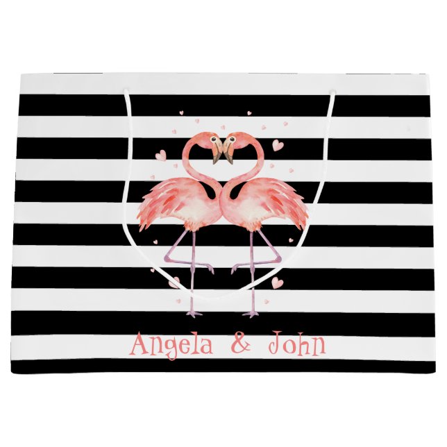 Pink Flamingos In Love ,Black White Stripes Large Gift Bag (Front)