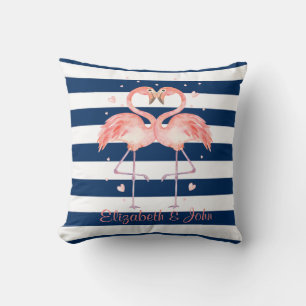 Pink Flamingos In Love,Navy Blue Striped Throw Pillow
