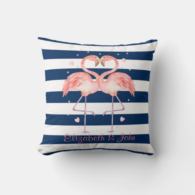 Pink Flamingos In Love,Navy Blue Striped Throw Pillow (Front)