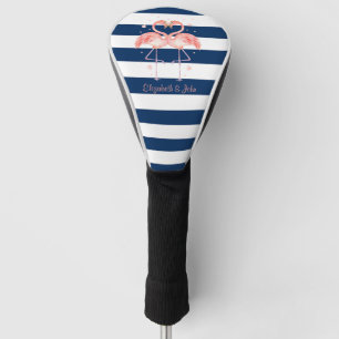 Pink Flamingos In Love,Navy Blue Stripes Golf Head Cover