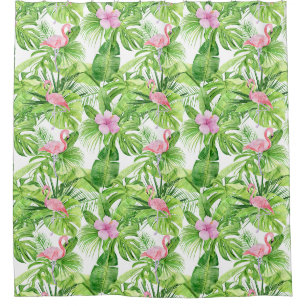 Pink Flamingos in Tropical Foliage on White