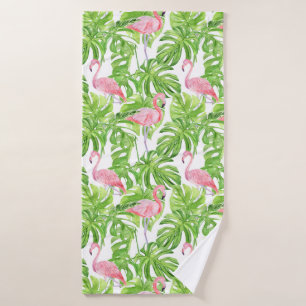 Pink Flamingos in Tropical Foliage on White  Bath Towel