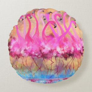 Pink Flamingos Love Dance - Original Art Painting Round Pillow