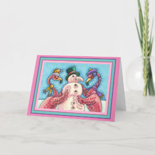 PINK FLAMINGOS MAKE SNOWMAN, FUNNY CHRISTMAS BIRDS HOLIDAY CARD