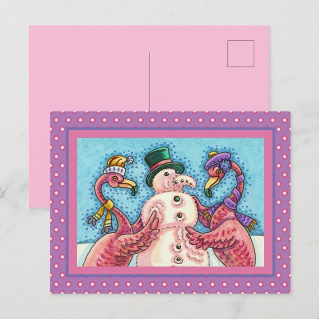 PINK FLAMINGOS MAKE SNOWMAN, FUNNY CHRISTMAS BIRDS HOLIDAY POSTCARD (Front/Back)