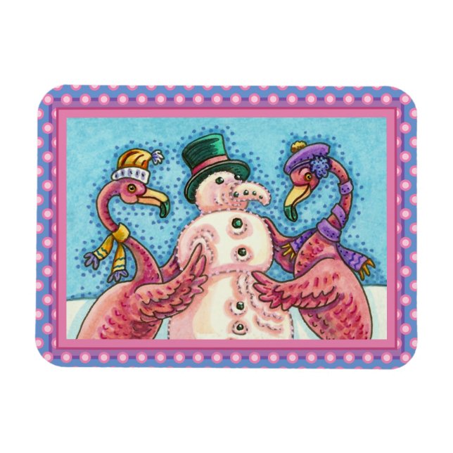 PINK FLAMINGOS MAKE SNOWMAN, FUNNY CHRISTMAS BIRDS MAGNET (Horizontal)