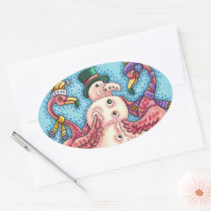 PINK FLAMINGOS MAKE SNOWMAN, FUNNY CHRISTMAS BIRDS OVAL STICKER