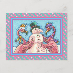 PINK FLAMINGOS MAKE SNOWMAN, FUNNY CHRISTMAS BIRDS POSTCARD