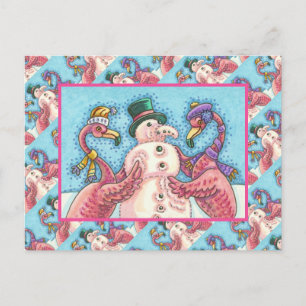 PINK FLAMINGOS MAKE SNOWMAN, FUNNY CHRISTMAS BIRDS POSTCARD
