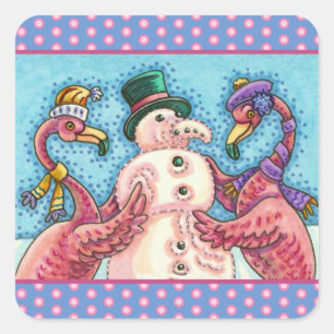 PINK FLAMINGOS MAKE SNOWMAN, FUNNY CHRISTMAS BIRDS SQUARE STICKER