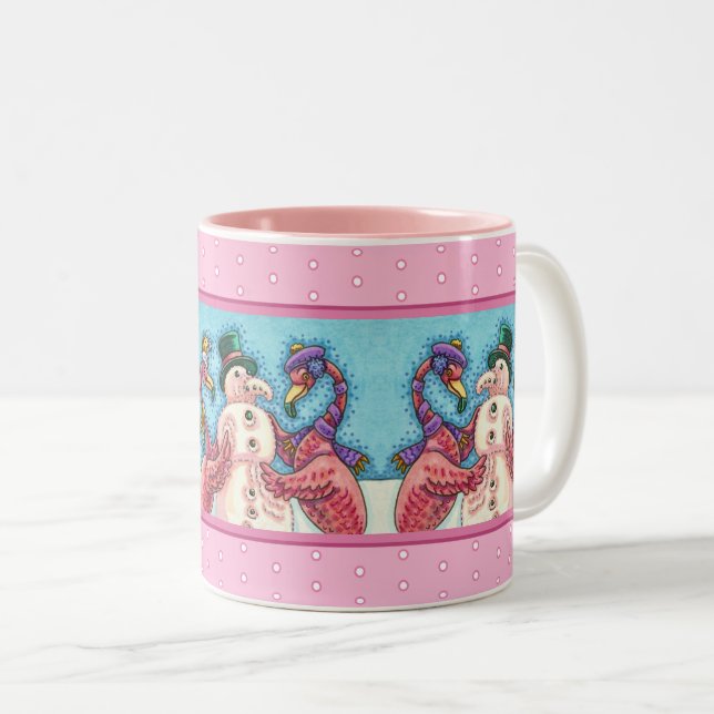PINK FLAMINGOS MAKE SNOWMAN, FUNNY CHRISTMAS BIRDS Two-Tone COFFEE MUG (Front Right)
