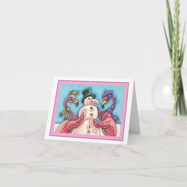 PINK FLAMINGOS MAKE SNOWMAN, FUNNY CHRISTMAS Blank Card (Front)