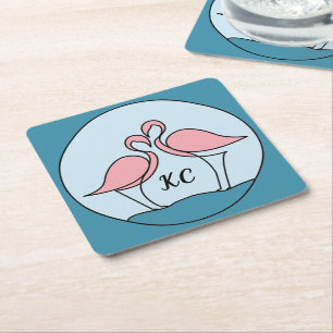 Pink Flamingos Monogram Art, or Photo Square Paper Coaster