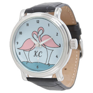 Pink Flamingos Monogram Black Vintage Leather Watch