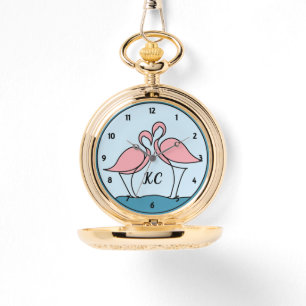Pink Flamingos Monogram Gold Pocket Watch