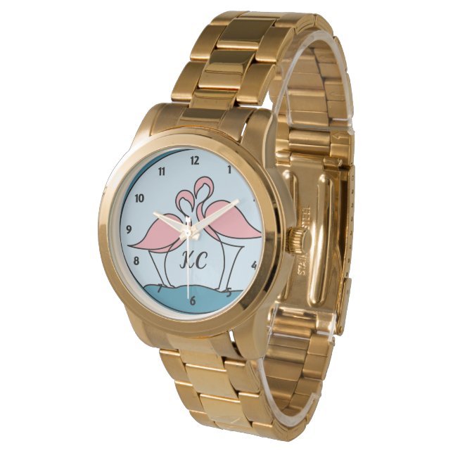 Pink Flamingos Monogram Oversized Gold Bracelet Watch (Angled)
