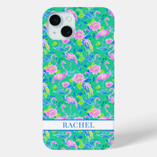 Pink Flamingos Monogrammed iPhone 15 Mini Case