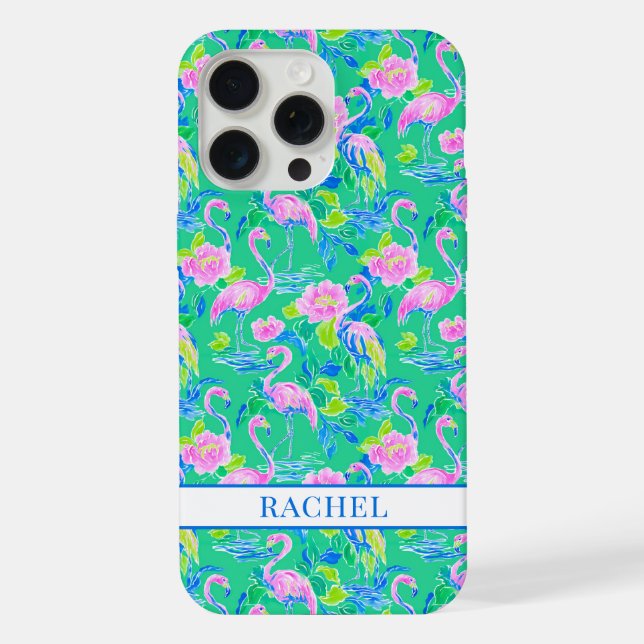 Pink Flamingos Monogrammed iPhone Case (Back)