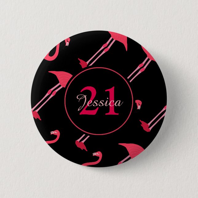 Pink Flamingos on Black 21st Birthday Custom 2 Inch Round Button (Front)