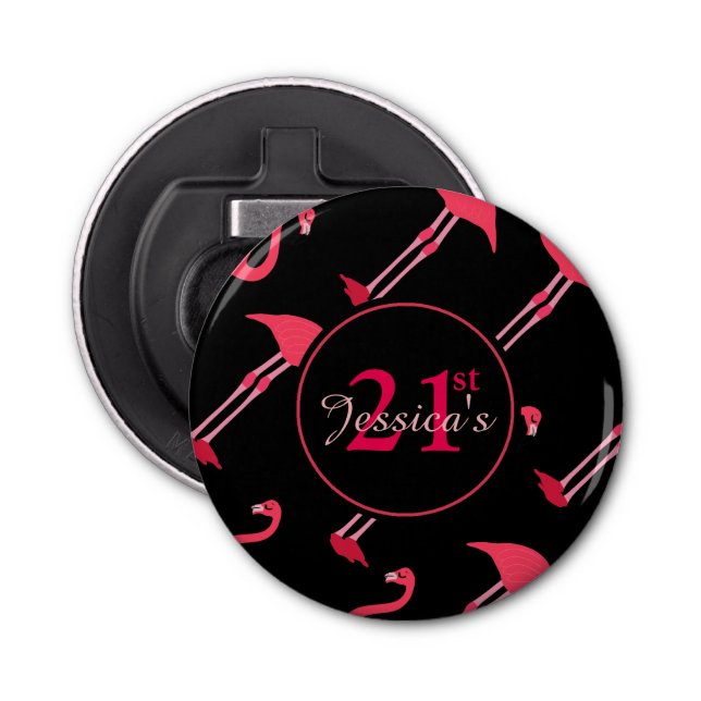 Pink Flamingos on Black 21st Birthday Custom Bottle Opener (Front)