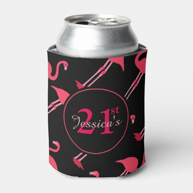 Pink Flamingos on Black 21st Birthday Custom Can Cooler (Can Front)