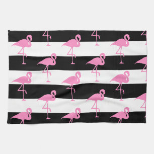 Pink Flamingos on Black and White Stripes Kitchen Towel