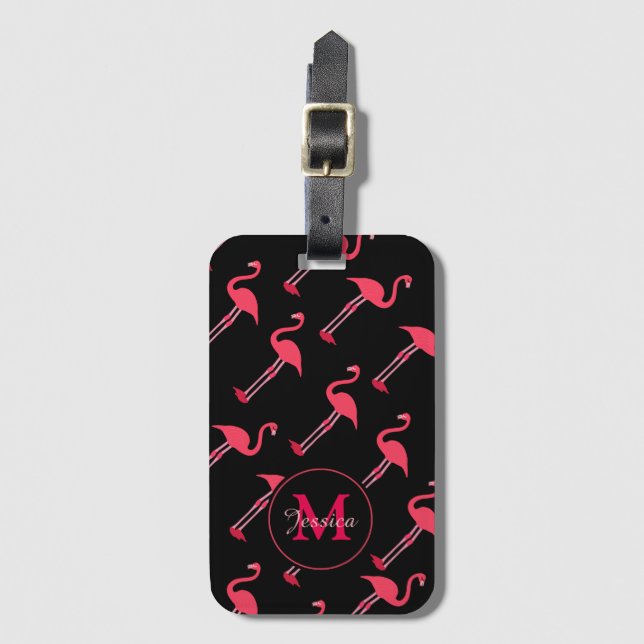 Pink Flamingos on Black Luggage Tag (Front Vertical)
