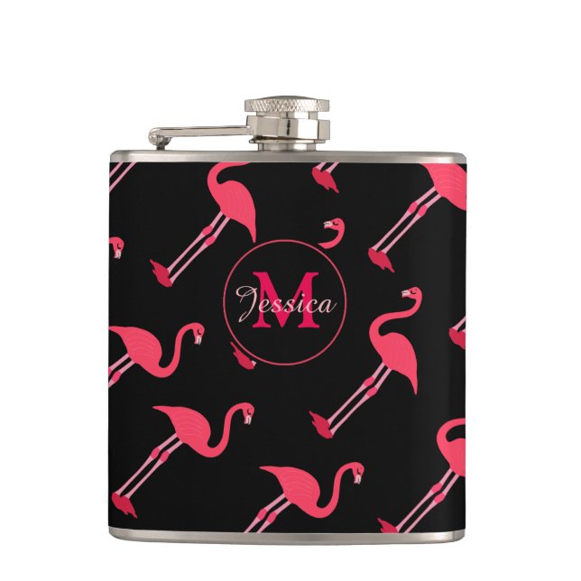 Pink Flamingos on Black Personalised Hip Flask (Front)