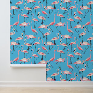 Pink Flamingos on Blue Colourful Wallpaper