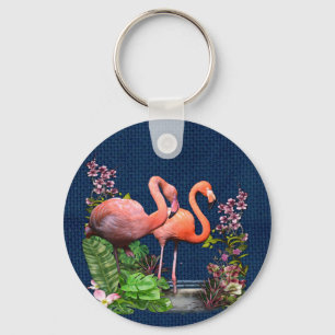 Pink Flamingos on Classic Blue Fabric Keychain