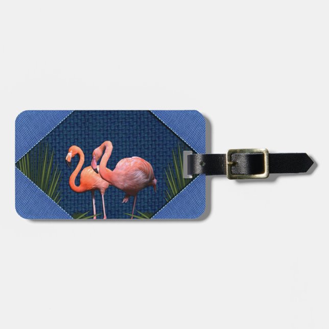 Pink Flamingos on Classic Blue Fabric Luggage Tag (Front Horizontal)
