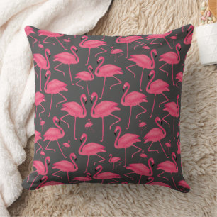 Pink Flamingos On Dark Grey Background Throw Pillow
