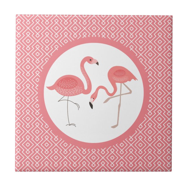 Pink Flamingos On White & Pink Geometric Pattern Tile (Front)