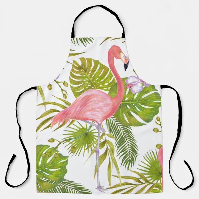 Pink flamingos, orchids: watercolor pattern. apron (Front)