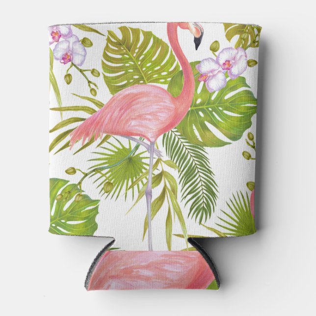 Pink flamingos, orchids: watercolor pattern. can cooler (Front)