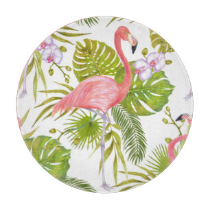Pink flamingos, orchids: watercolor pattern. cutting board