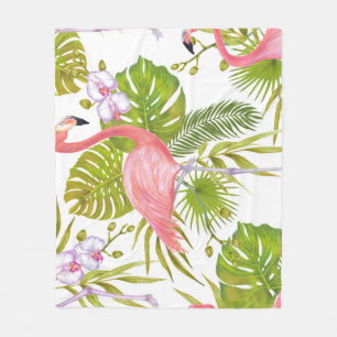 Pink flamingos, orchids: watercolor pattern. fleece blanket