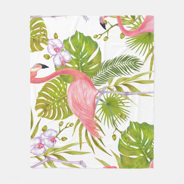 Pink flamingos, orchids: watercolor pattern. fleece blanket (Front)