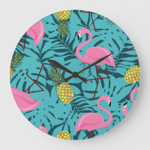 Pink Flamingos Palm: Exotic Hawaii Large Clock