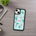 Pink flamingos palm leaves stripes green white<br><div class="desc">Slim mint green,  turquoise and white horizontal stripes as background.  With tropical pink flamingo birds and green palm tree leaves,  foliage,  greenery as decoration.  
A white and green frame on front with template for your name and monogram letter.  Black and pink coloured letters.</div>