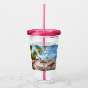 Pink Flamingos Palm Trees Ocean Beach Acrylic Tumbler