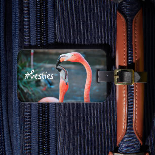 Pink Flamingos Photo Besties Script Stylish Modern Luggage Tag