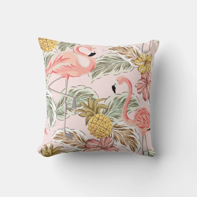 Pink Flamingos & Pineapples Throw Pillow (Front)