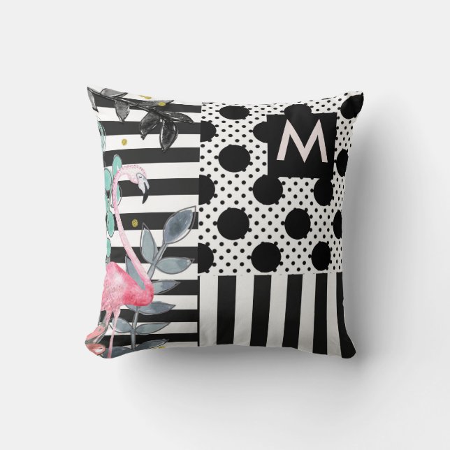 Pink Flamingos Polka Dots Black & White Fun Throw Pillow (Front)