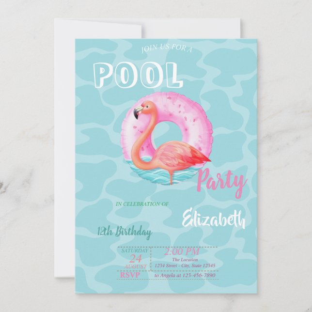  Pink Flamingos Pool Float Summer Birthday Party Invitation (Front)