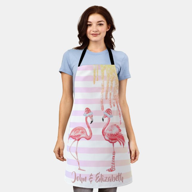 Pink Flamingos Santa Hat,Glitter Drips, Stripes Apron (Worn)