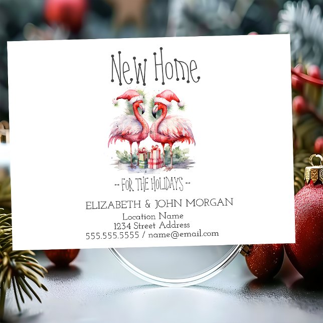 Pink Flamingos Santa Hat Presents New Address Announcement Postcard (Creator Uploaded)