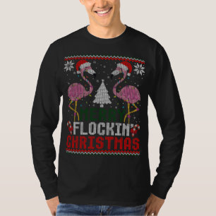 Pink Flamingos Santa Merry Flockin Christmas Ugly T-Shirt